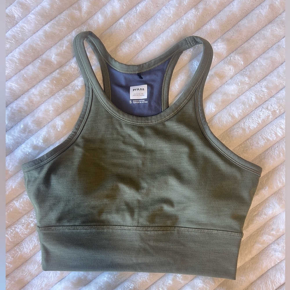 prAna Ribbed High Neck Racerback Sports Bra Olive Green Yoga Athleisure S